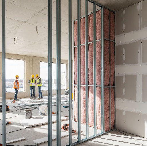 Construccion de un apartamento, se ve que estan colocando los muros dry wall y se aprecia el aislamiento termico de fibra de vidrio que estan instalando | Innova Cladding Colombia Aislamientos Termicos y acústicos para viviendas