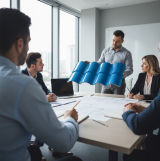Una persona esta mostrando una teja en UPVC termoacústica a un grupo de ingenieros y arquitectos. Estan en las instaalciones de las oficinas de una empresa de construcción | Innova Cladding Colombia Tejas termo acústicas en UPVC